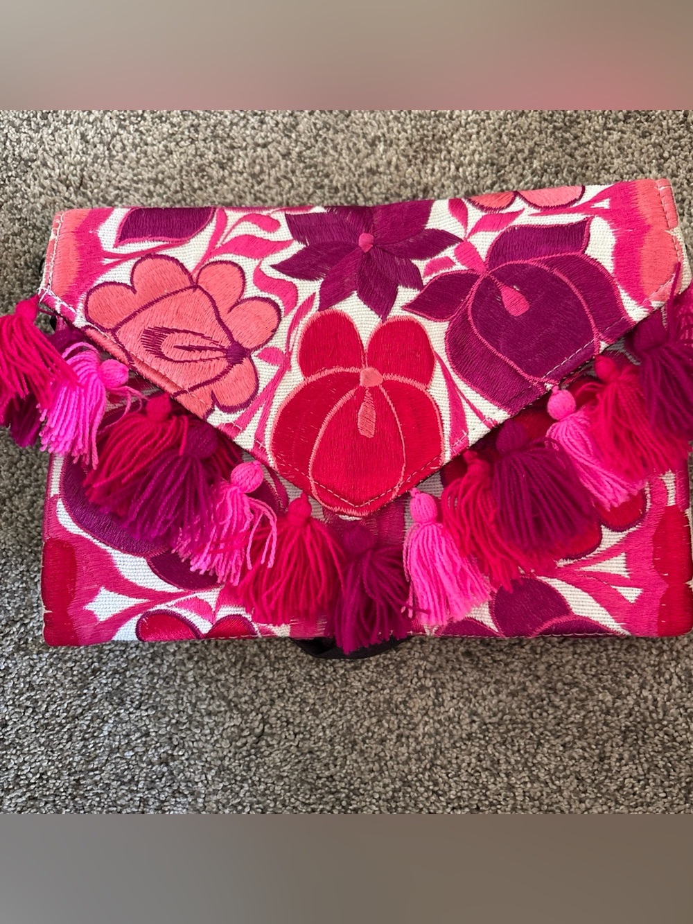 Mexican Embroidered Floral Clutch Bag with Tassles 10x8” Shades Of Pink Zip Snap